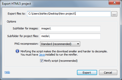 Export Project dialog